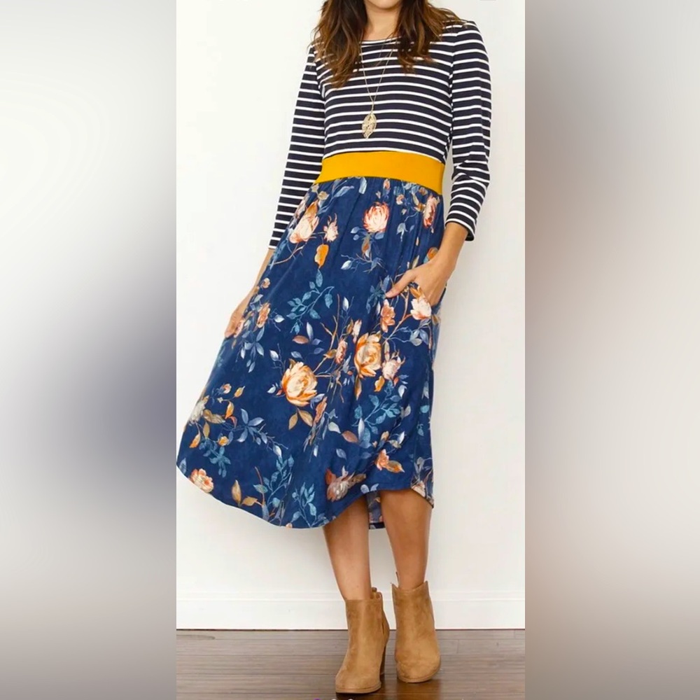 Egs by Eloges Floral Midi Dress, Size XL, Blue/Mustard, NEW
